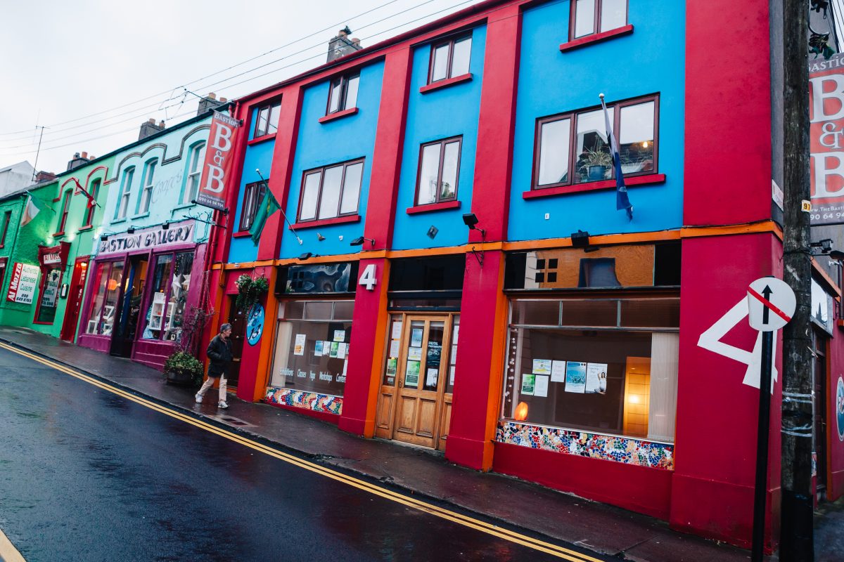Vibrant town centre street in Athlone with colourful buildings and local shops